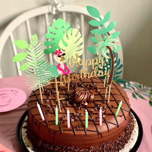 ALISSAR Flamingo and Leaf Cake Topper, Tropical Happy Birthday Cake Topper, Ahola Hawaiian Birthday Party Decoration Supplies...