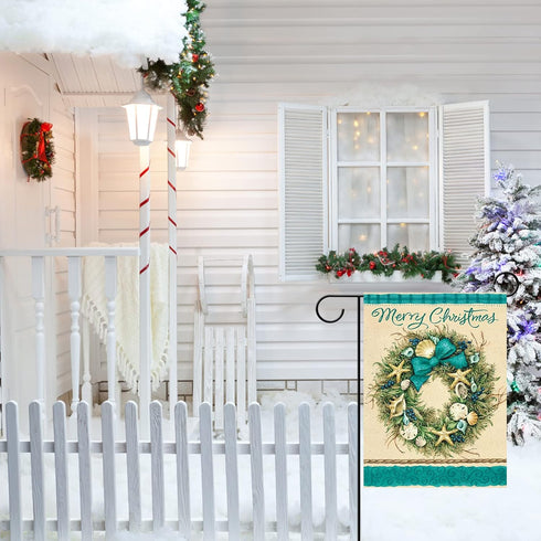 Merry Christmas Coastal Garden Flag, White Xmas Winter Home Decorative House Yard Outside Small Flag Seashell Starfish Wreath Beach Decor, Farmhou...