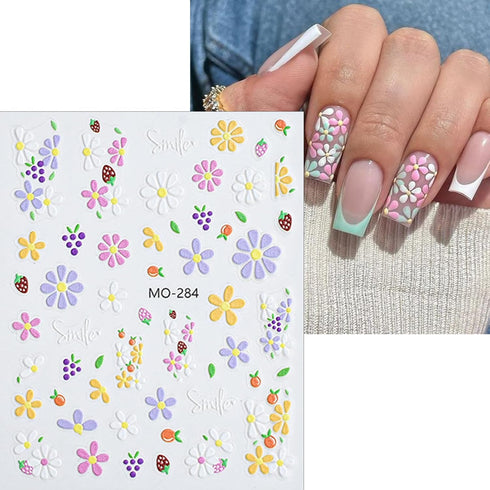 Flower Nail Art Stickers 5D Embossed Self Adhesive Nail Decals Spring Daisy Nail Design Summer Flower Petal Heart Nails Supplies Nail Sticker for ...