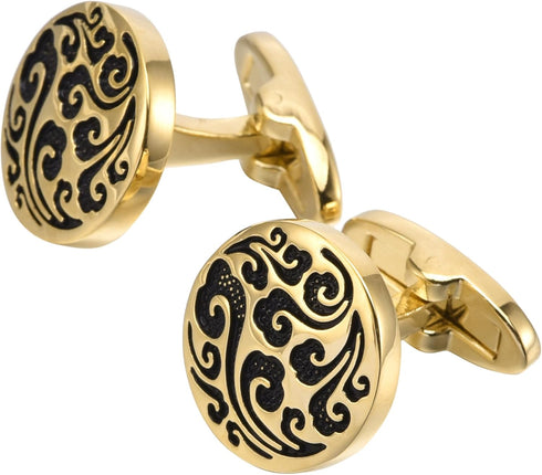 Engraved Lucky Clouds Pattern Cufflinks for Men Chinese Feng Shui Auspicious Totem Round Silver Golden Men's Cufflinks Jewelry for Wedding Party B...