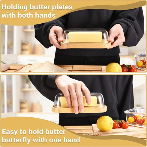 Butter Dish with Lid, Bamboo Butter Holder, Butter Container Holds for East/West Coast Butter, Dishwasher Safe...