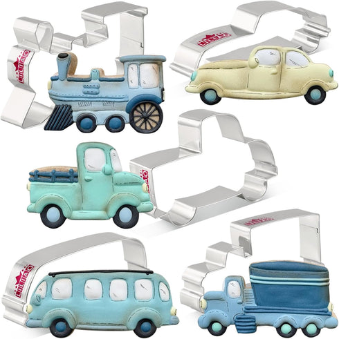 LILIAO Transportation Cookie Cutter Set - 5 Piece - Train, Truck, Pick-up Truck, Beat-up Car and Bus Fondant Cutters - Stainless Steel...