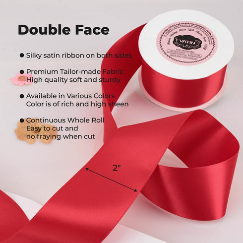 VATIN Double Face Hot Red Satin Ribbon 2" Continuous 25 Yards,Red Polyester Fabric Ribbon use for Bows Bouquet, Gift Wrapping, Floral Arrangement ...