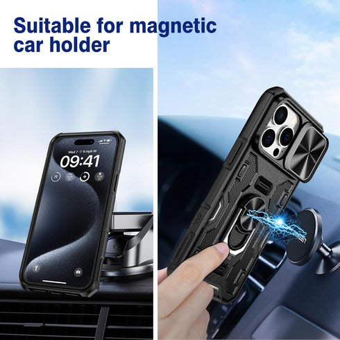 VEGO Armor Case for iPhone 15 Pro Max 5G 2023, Slide Camera Cover & Belt Clip Holster & Magnetic 360°Ring Kickstand Military Grade Heavy Duty Prot...