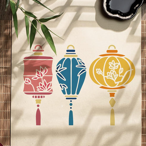 FINGERINSPIRE 3 Shapes Chinese Lantern Stencil 11.7x8.3 inch Oriental Lantern Stencil with Lotus Bamboo Leaves Magnolia Flower Patterns, Flexible ...