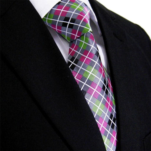 Intrepid Executive Wardrobe Accessory, Handmade 100% Silk Jacquard Woven Gray Pink Green Checked Tie 3.4" Classic Silk Jacquard Men's Necktie Tie...