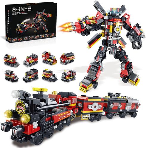 Transforming Train Building Block Toys for Boys Girls Aged 6-12.Steam Train or 8 Locomotive Models or Train Warrior Robot.Wheeled Train Toys.8in2 ...