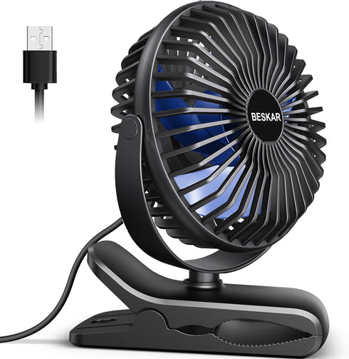 BESKAR USB Clip on Fan, Portable Small Fan with Cord Powered, 3 Speeds Strong Airflow, with Sturdy Clamp, Quiet Personal Desk Fan...