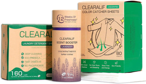 CLEARALIF All In One Laundry Kit. 80 Sheets Unscented Laundry Sheets, 7 oz Lavender Scent Booster Tube, 80 Sheets Color Absorber Sheets....