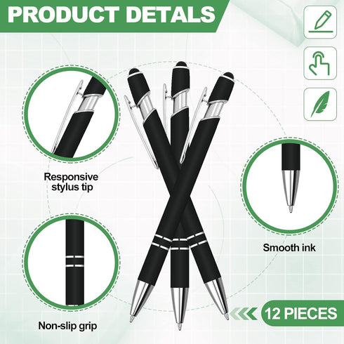 Ballpoint Pen with Stylus Tip,12 Pcs 1.0 mm Black Ink Metal Pen,2 in 1 Stylus Ballpoint Pens,Metal Stylus Pen for Touch Screens,Comfortable Writin...