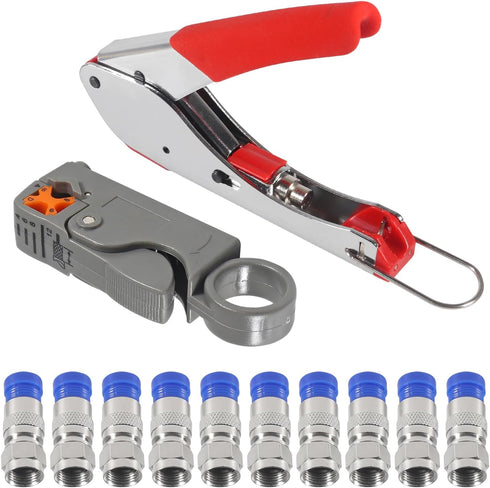 RG6 RG59 Coax Cable Compression Crimper Tool Kit,with 10 pcs Coaxial Compression Fitting Connector,Compression Tool, Coax Cables Stripper for Cabl...
