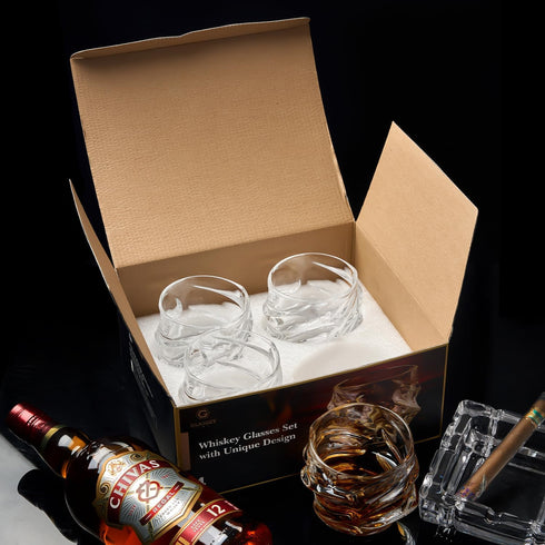 12 oz Hand Blown Crystal Whiskey Glasses Set of 4, Unique Cognac Glass, Heavy Thick Bottom Bar Glass for Scotch Bourbon Rum Gin Water Cocktail,Gif...