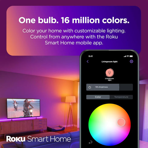Roku Smart Light Bulbs (Color, 1-Pack) - Dimmable A19 Color Lightbulbs with Adjustable Brightness & Temperature - WiFi Smart Bulbs Works Voice, Al...