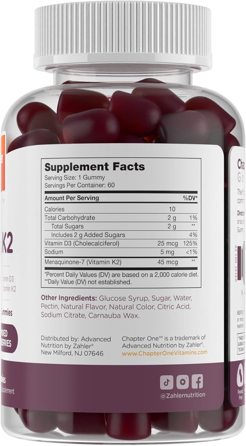 Zahler Chapter One Vitamin D3 K2 Gummies, Contains 1000IU of Vitamin D3 and 45MCG of Vitamin K2, D3 & K2 Gummy Supplement, Kosher, 60 Gummies...
