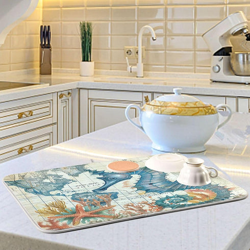 Nautical Ocean Seahorse Dish Drying Mat for Kitchen Counter 16x18 in Retro Map Microfiber Drying Mats Absorbent Reversible Dish Pad Medium Dish Dr...