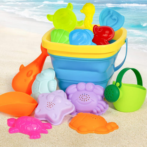 3 otters 15PCS Foldable Beach Bucket, Sand Toys Set Foldable Pail Colorful Beach Bucket with Sand Molds Collapsible Silicone Buckets...