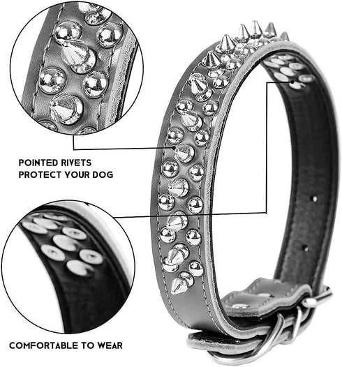 Spiked Studded Dog Collar, Soft Genuine Leather Dog Collar, Adjustable Dog Collars for Small Medium Large Dogs Breeds Pit Bull (L fit Neck 14.5-18...