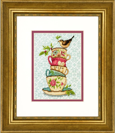 Dimensions 70-65171 Gold Collection Stacked Tea Cups Advanced Counted Cross Stitch Kit, 18 Count White Aida, 7" x 5"...