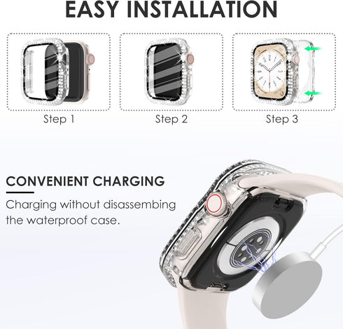 Surace 2 in 1 Waterproof Bling Case Compatible for Apple Watch Series 9 8 7 45mm, Over 100 Crystal Diamonds with Screen Protector, Front & Back Fu...