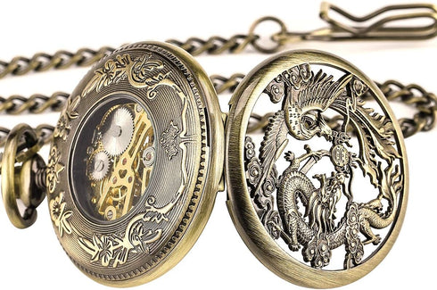 ManChDa Mechanical Pocket Watch for Men Women Dragon and Phoenix Pocket Watch with Chain...