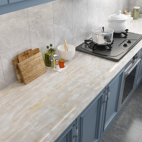 CRE8TIVE Glossy Beige Marble Contact Paper for Countertops Waterproof Marble Peel and Stick Wallpaper Removable Self Adhesive Faux Marble Vinyl Wa...