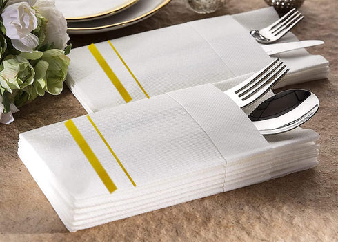 Disposable Dinner Napkins Cloth Like with Built-in Flatware Pocket,Wedding Party Linen Feel White and Golden Napkin, Prefolded for Silverware, 50 ...