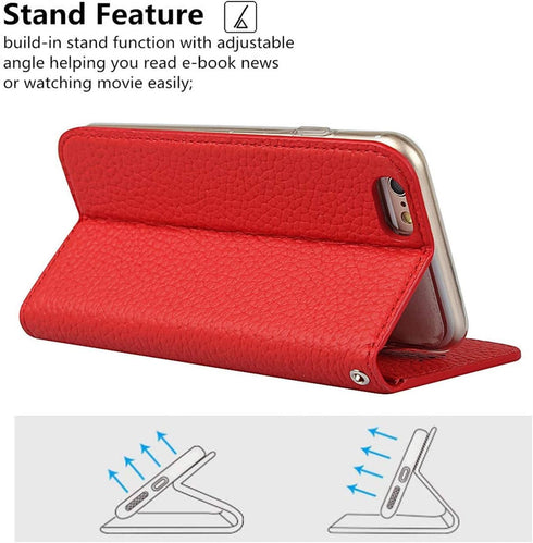 iCoverCase Genuine Leather Wallet Case Compatible with iPhone 6s Plus/6 Plus - Wrist Strap, Card Holder, Magnetic Closure, Kickstand Flip Cover (R...