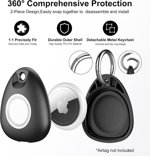 2 Pack IPX8 Waterproof Airtag Keychain with Airtag Holder Case,Full Body Shockproof,Anti-Scratch Cover Air tag for Cat,Dog,Keys,Luggage,Wallet(Bla...