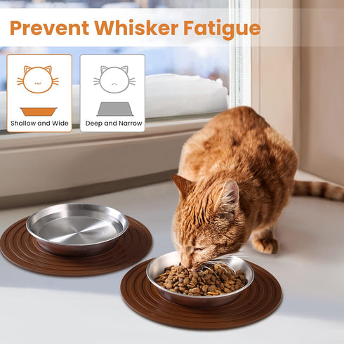 Cat Food Bowls, 2 Pcs Stainless Steel Cat Food and Water Bowls, Whisker Fatigue Shallow Cat Dishes, Small Dog Puppies Fat Faced Cat Kitten Supplie...