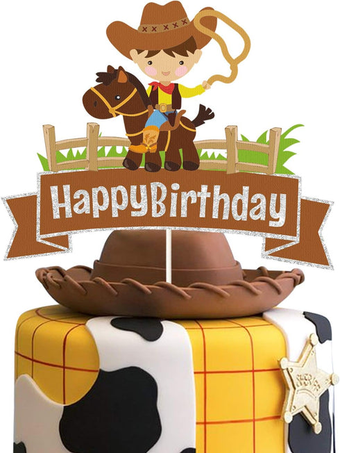 Glitter Cowboy Happy Birthday Cake Topper,Wild West Cowboy Cake Decor, Western Themed Party Decorations for Boys Girls and Kids Birthday or Baby S...