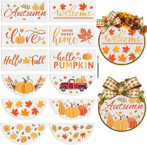 12pcs Autumn Pumpkin Welcome Stencil for Painting On Wood 12inch Half Round Fall Pumpkin Maple Leaves Drawing Templates Free Combination with Pain...