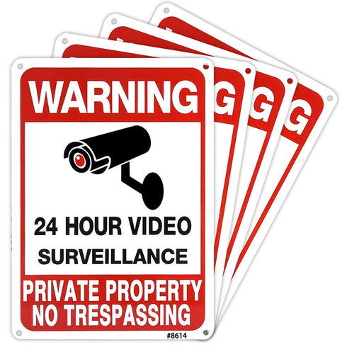 4-Pack No Trespassing Signs Private Property, 10x7 Inch Aluminum 24-Hour Video Surveillance Signs Outdoor, Warning Signs for Property Security, Ho...