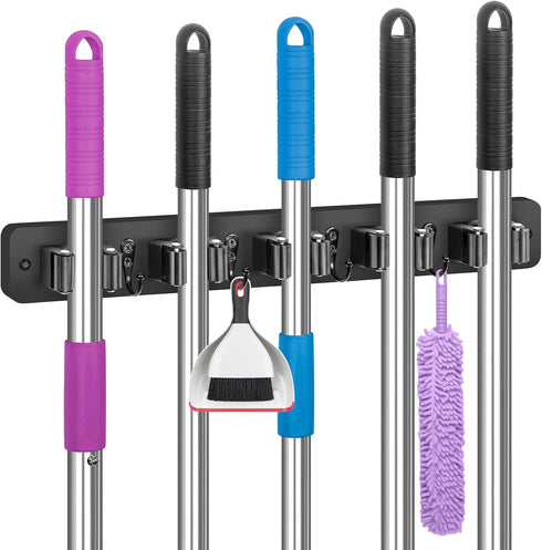 IMILLET Broom Holder Wall Mount, Wood Broom Holder with 5 Racks and 4 Hooks Broom Organizer, Laundry Room Organization and Storage, Mop Hanger for...