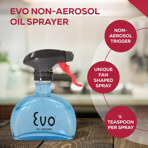 Evo Glass Oil Sprayer, Non-Aerosol for Olive Oil, Cooking Oils, and Vinegars, Blue, 6-Ounce Capacity...