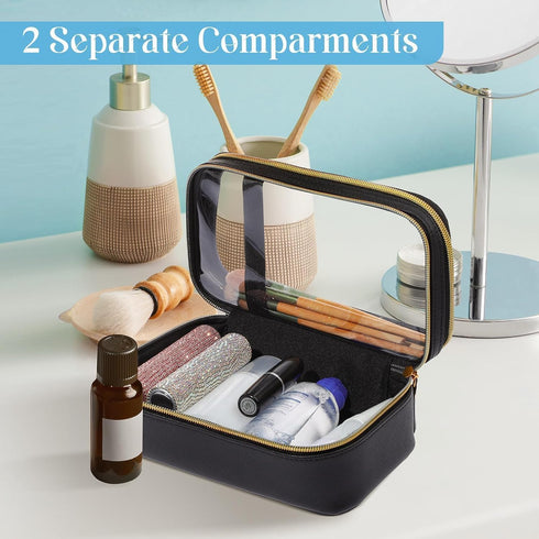Clear Makeup Bag, Double Layer Cosmetic Bag with Zipper, Portable Make Up Case with Compartments, Travel Toiletry Makeup Bags Organizer for Women ...