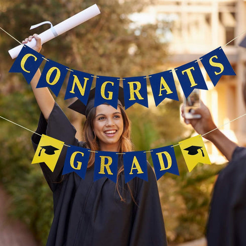 Congrats Grad Banner Blue and Gold Glitter Congratulations Graduation Banner, Congrats Grad Sign Decorations for Blue and Gold Congratulations Col...