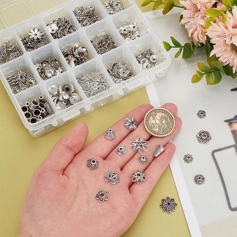 PH PandaHall 300Pcs Bead Caps, 15 Styles Flower Bead Cap Spacers Alloy Bead Cap Bails End Charm Caps Spacer Beads for Earring Bracelets Necklace J...
