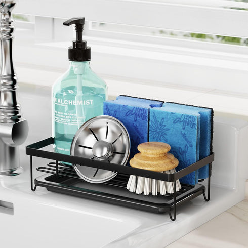 GSlife Sponge Holder Sink Caddy - Large Kitchen Sink Organizer for Brush and Soap, Dish Dispenser Sponge Caddy with Removable Drain Tray, Black...