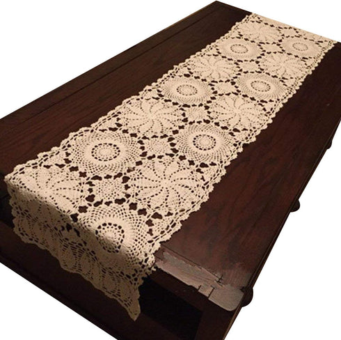 USTIDE Rustic Floral Table Runner Hand Crochet Table Doily Beige Cotton Lace Table Decoration for Coffee Table 15"X59"...