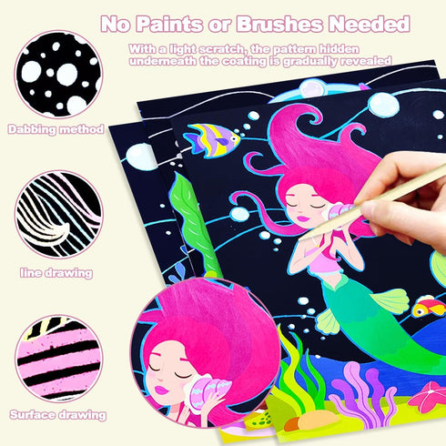 BAOXUE Scratch Art for Kids, Mermaids Black Rainbow Scratch Paper Set-Arts and Crafts & Supplies, DIY Activity & Party Games, Mermaid Toys Gifts f...