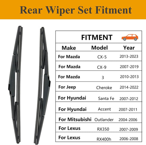 2 Pack Rear Wiper Blades for Jeep Cherokee 2014-2022, Hyundai Santa Fe 2007-2012, Mazda CX-5 2013-2022, Mitsubishi Outlander 2003-2006, Lexus RX33...