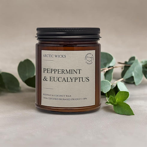 Peppermint & Eucalyptus Candles | Arctic Wicks Non Toxic Coconut Beeswax Candles | Natural Coconut Beeswax 9oz Amber Jar | Spa Wellness Candles Wa...