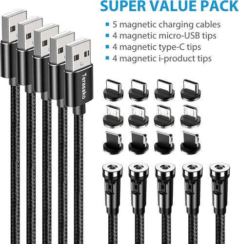 Terasako Magnetic Charging Cable 5-Pack (3/3/6/6/10FT) - 540° Rotating Magnetic Phone Charger Cable with LED Light - 90° Angle Connector, Nylon-Br...
