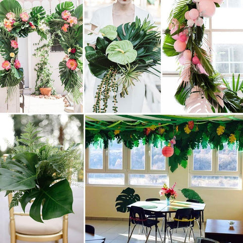 OurWarm 24pcs Large Artificial Tropical Palm Leaves, Faux Safari Leaves Monstera Fake Leaves, Hawaiian Luau Party Jungle Beach Theme Decorations f...