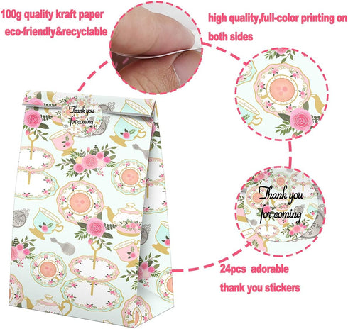 24 Pcs Tea Party Goodie Bags with Stickers - Tea Themed Birthday Party Favor Bags, Perfect for Kids' Tea Party Supplies and Treat Bags...