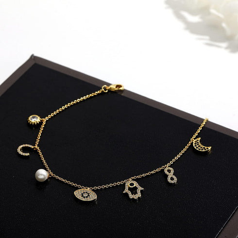 SLOONG Evil Eye Bracelet Anklet Hamsa Hand Bracelet 14K Gold Plated Dainty Bracelet Anklet White Blue Cz Pendant Bracelet Anklet for Women, Adjust...