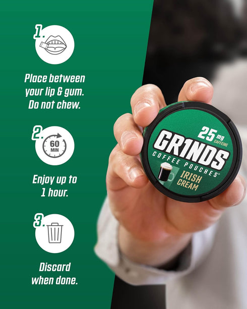 Grinds Coffee Pouches | Tobacco Free, Nicotine Free Healthy Alternative | 3 Cans of Irish Cream | 18 Pouches Per Can | 1 Pouch eq. 1/4 Cup of Coff...