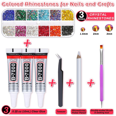 Rhinestones Adhesive Glue for Fabric, 2100Pcs 12 Color Craft Rhinestones Flatback with B7000 Glue Adhesive, Glass Gemstones with Tweezers for Craf...