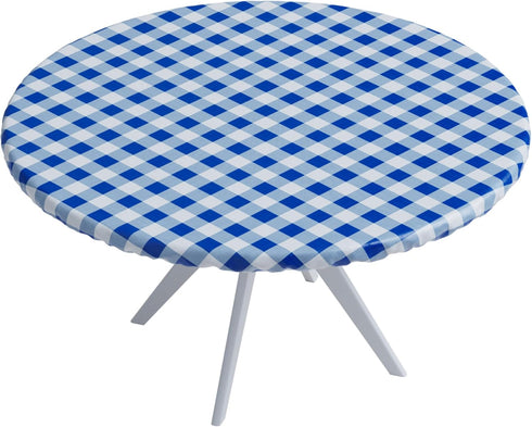 Sorfey Round Tablecloth -Fitted with Elastic, Vinyl with Flannel Back, Fits for Table 30 Inches Round,Water Proof, Easy to Clean, Checked Blue Des...