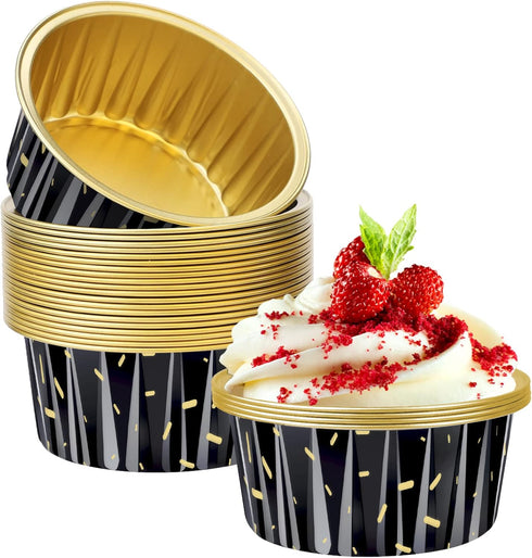 EUSOAR Disposable Baking Cups, 25pcs 5oz Foil Dessert Cups Aluminum Baking Cupcake Liners, Meteor Shower Black Disposable Ramekins Creme Brulee Cu...